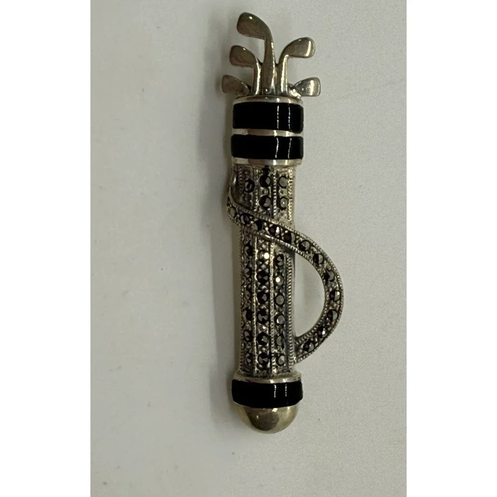 Sterling Silver‎ Marcasite And Black Enamel Golf Bag Brooch Rare Signed 925 KE
